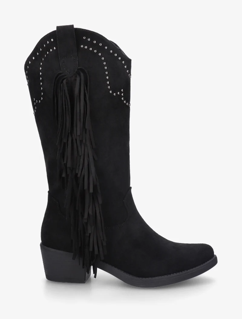 Bottines montantes cloutées et à franges - Noir