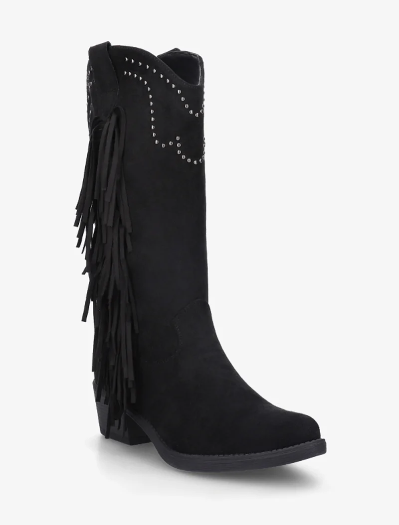 Bottines montantes cloutées et à franges - Noir