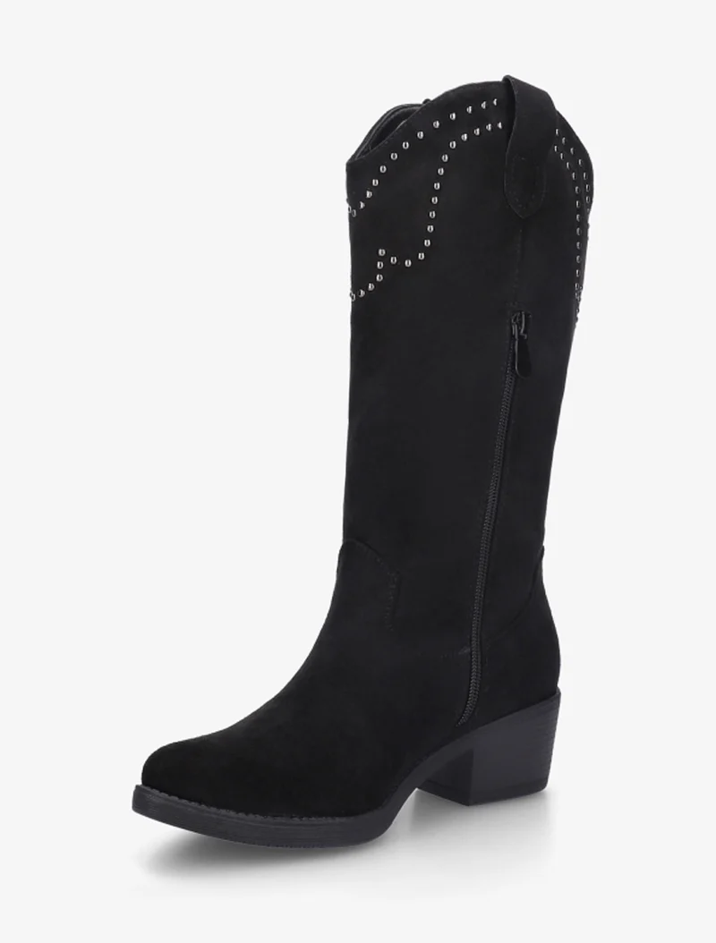 Bottines montantes cloutées et à franges - Noir