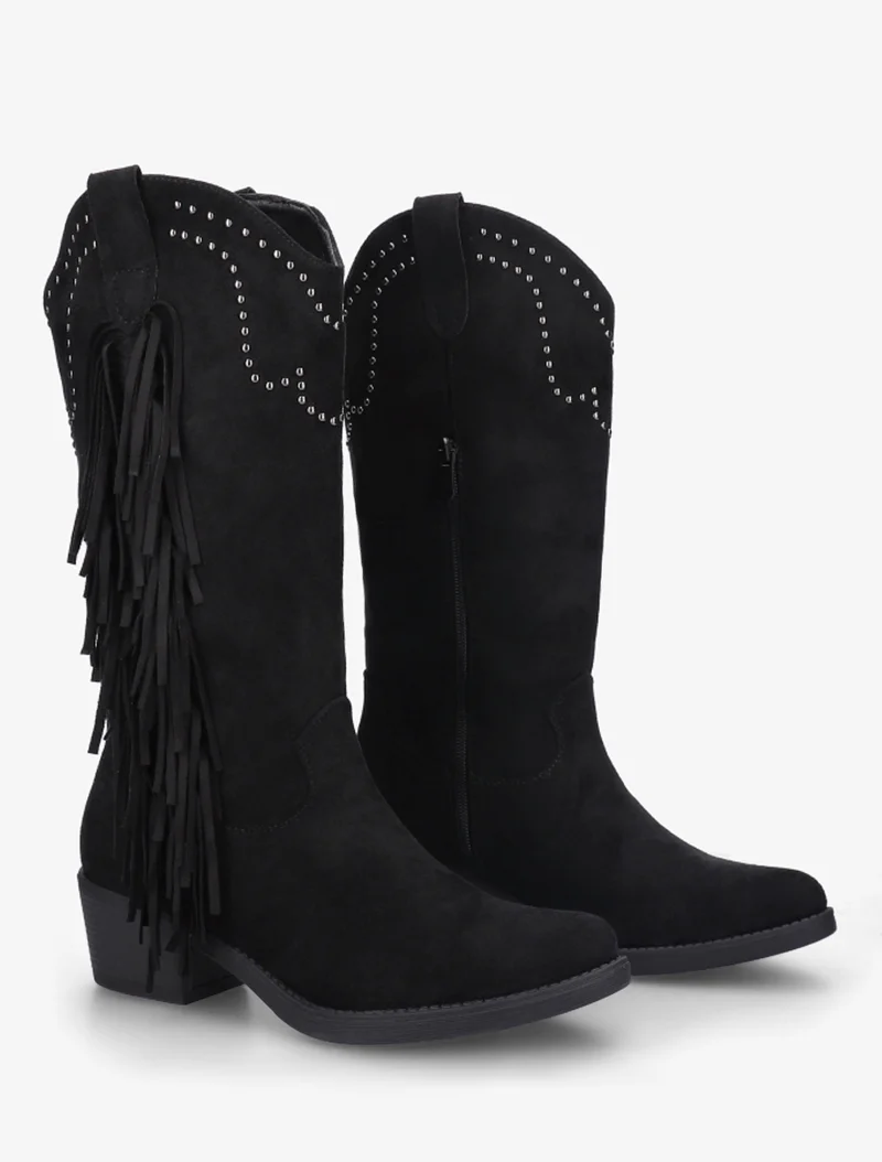 Bottines montantes cloutées et à franges - Noir