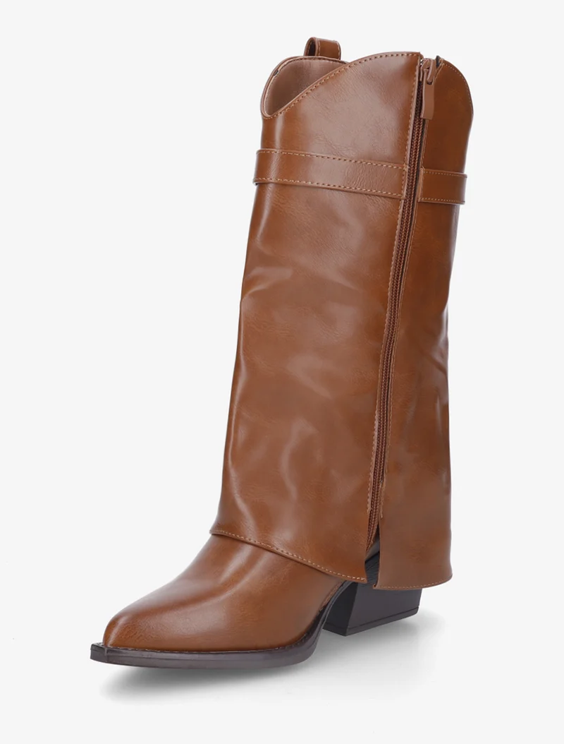 Bottines montantes à revers en simili - Camel