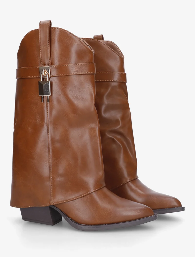 Bottines montantes à revers en simili - Camel