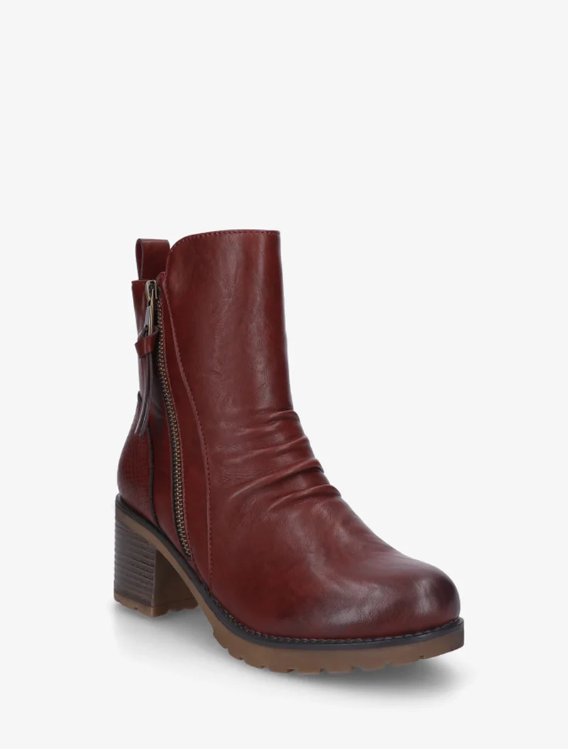 Bottines effet froissé et zip décoratif - Bordeaux