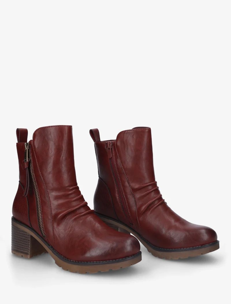 Bottines effet froissé et zip décoratif - Bordeaux