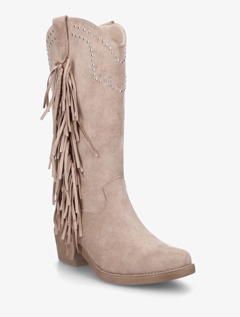 Bottines montantes cloutées et à franges - Taupe