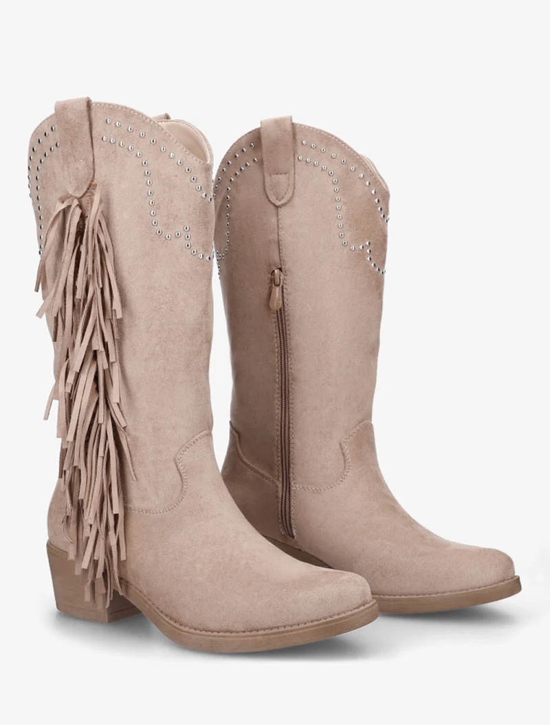 Bottines montantes cloutées et à franges - Taupe