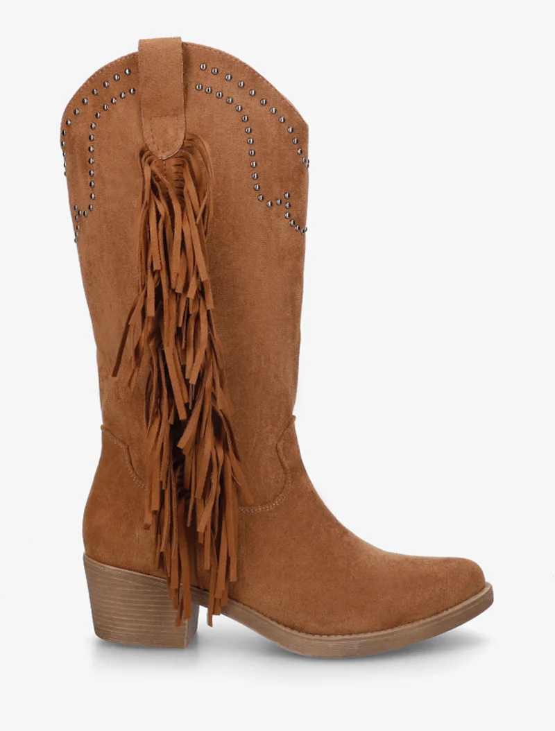 Bottines montantes cloutées et à franges - Camel