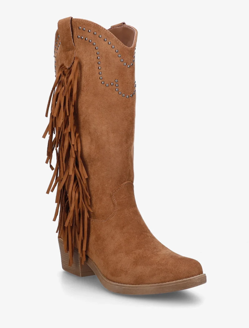 Bottines montantes cloutées et à franges - Camel