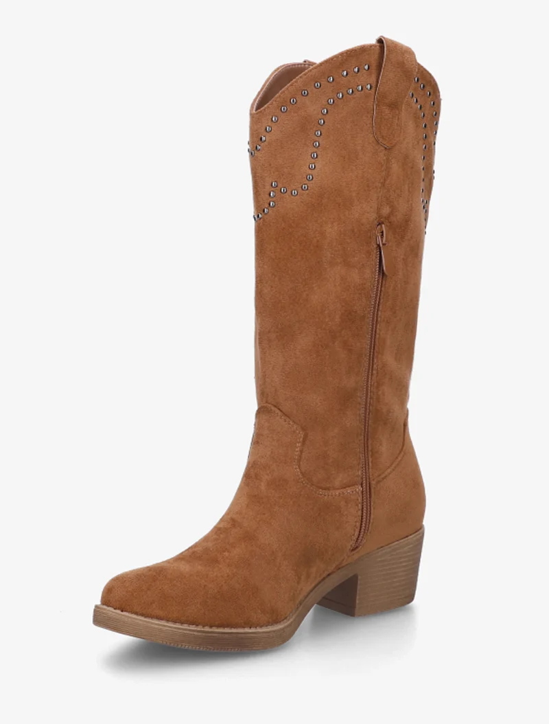Bottines montantes cloutées et à franges - Camel