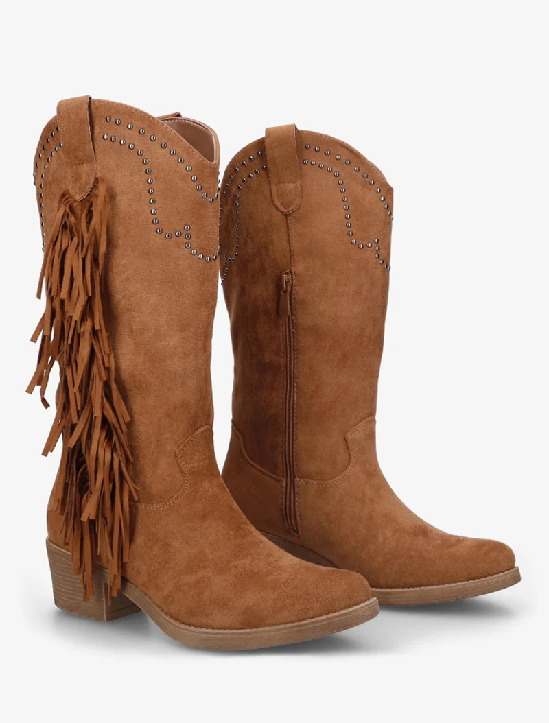 Bottines montantes cloutées et à franges - Camel