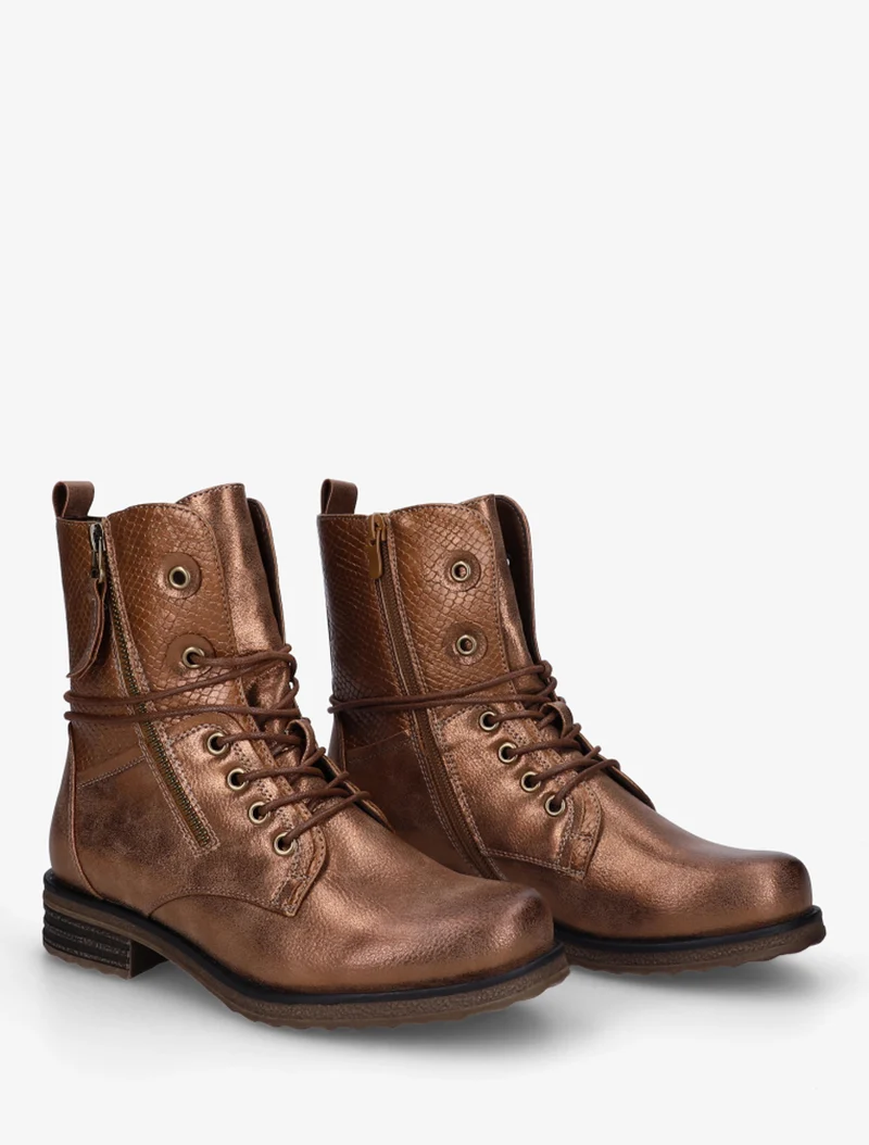 Bottines à lacets et détail imprimé croco - Camel