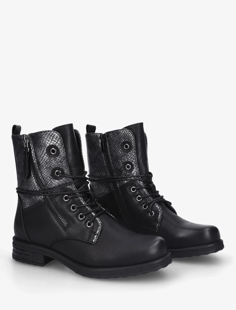 Bottines à lacets et détail imprimé croco - Noir
