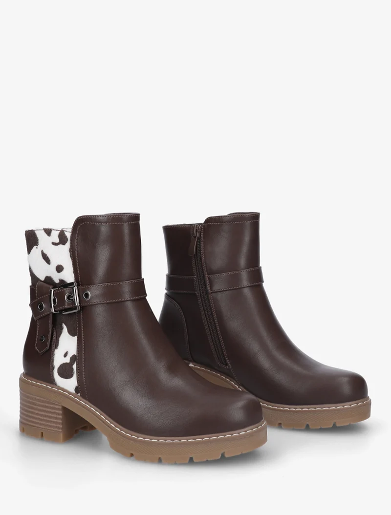 Bottines en simili à détail imprimé vache - Marron