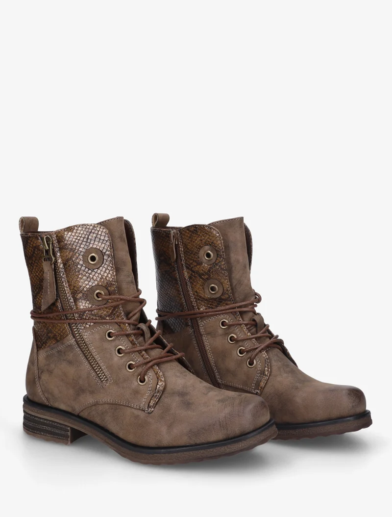 Bottines à lacets et détail imprimé croco - Marron