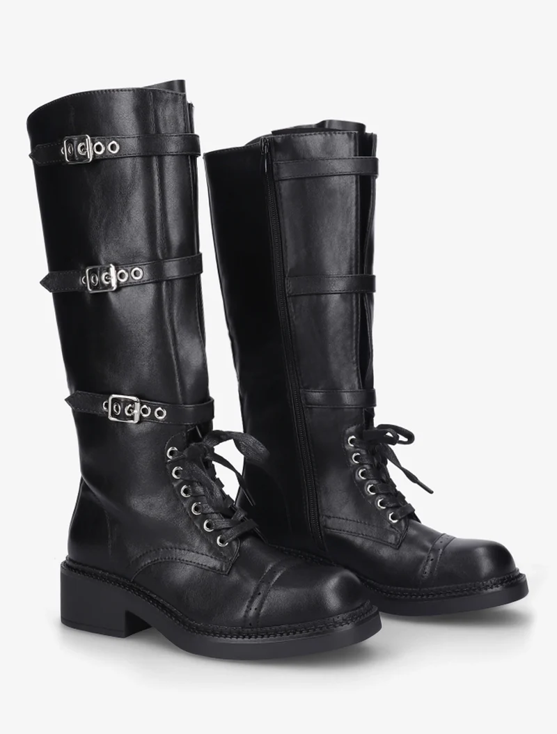 Bottes à lacets et triple sangles en simili - Noir