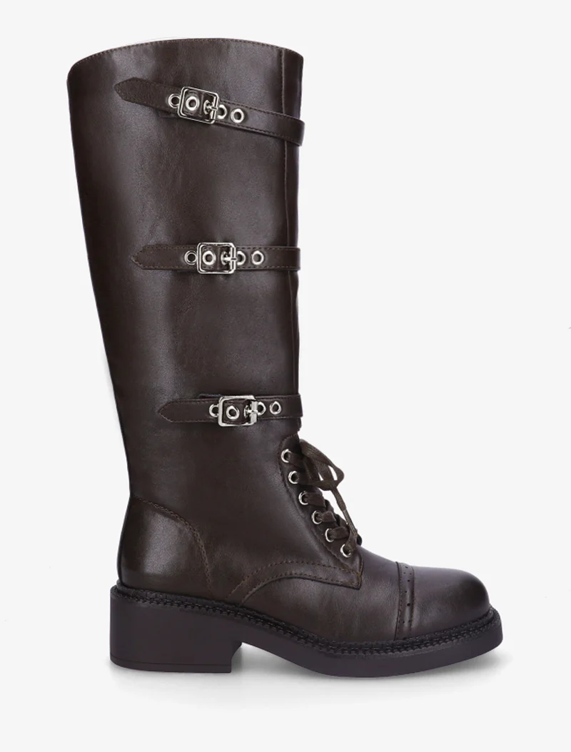 Bottes à lacets et triple sangles en simili - Marron