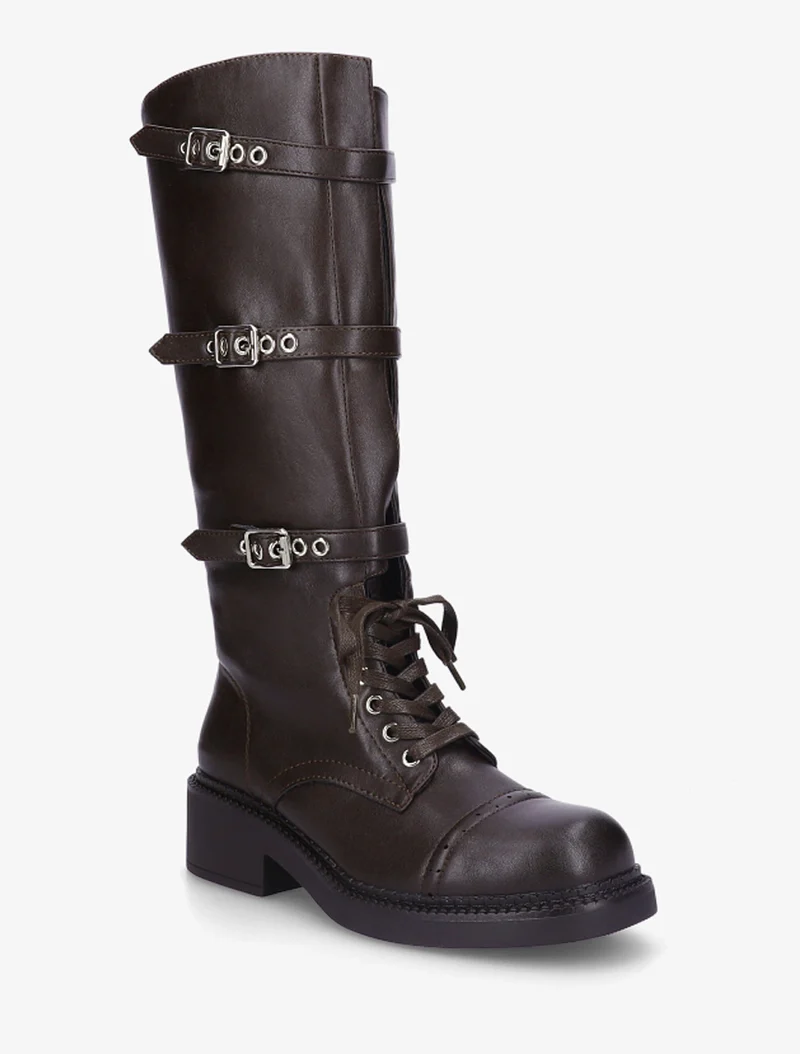 Bottes à lacets et triple sangles en simili - Marron