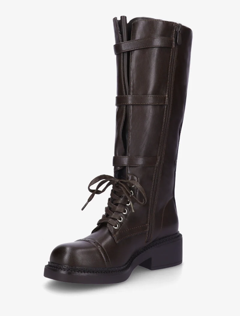 Bottes à lacets et triple sangles en simili - Marron