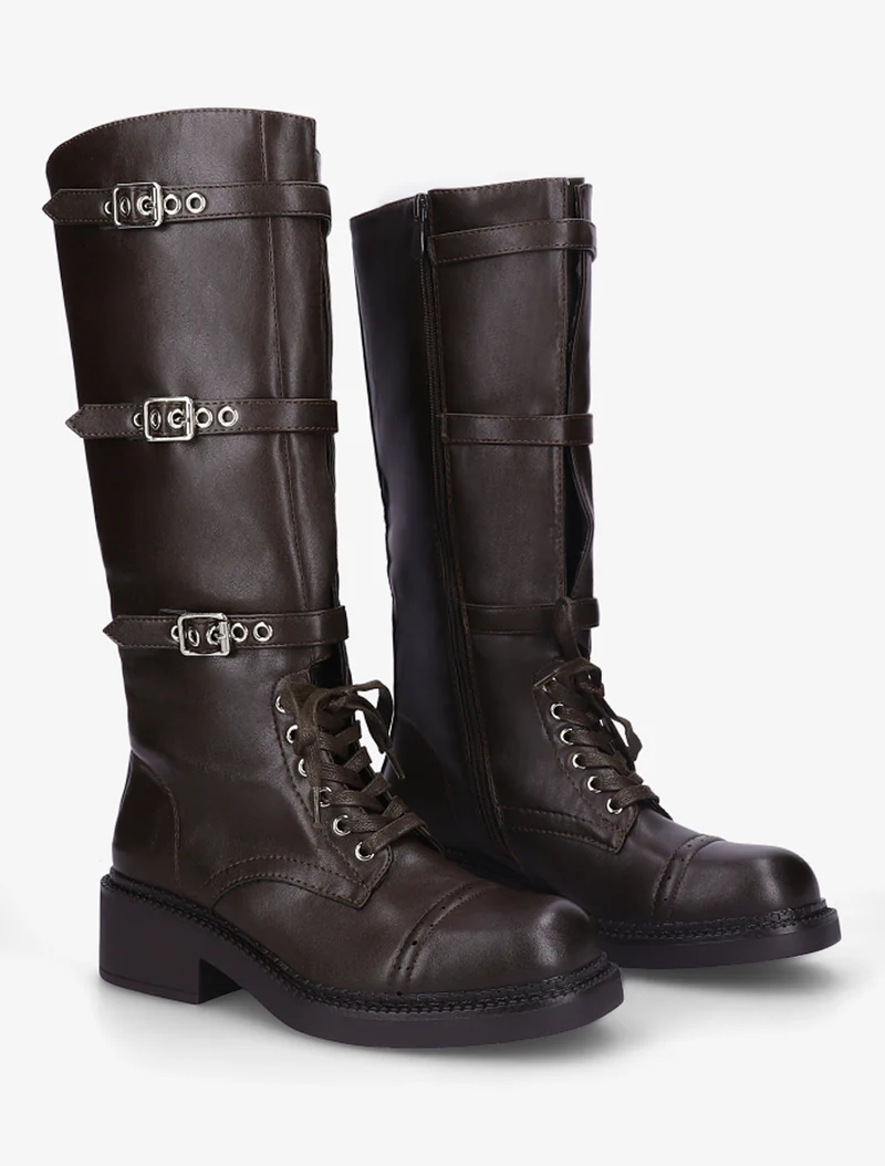 Bottes à lacets et triple sangles en simili - Marron