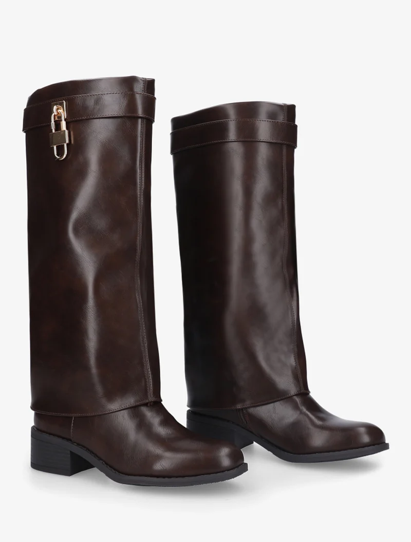 Bottes à revers et empiècement cadenas - Marron
