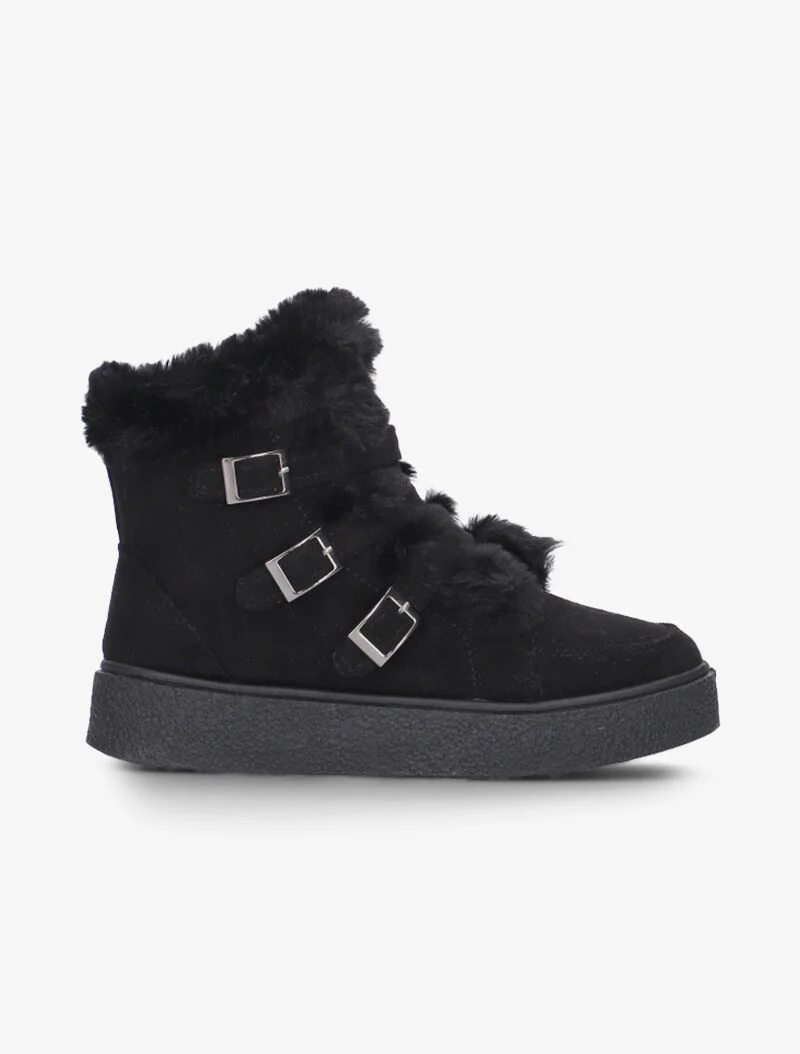 Boots à fourrure synthétique et sanglées - noir