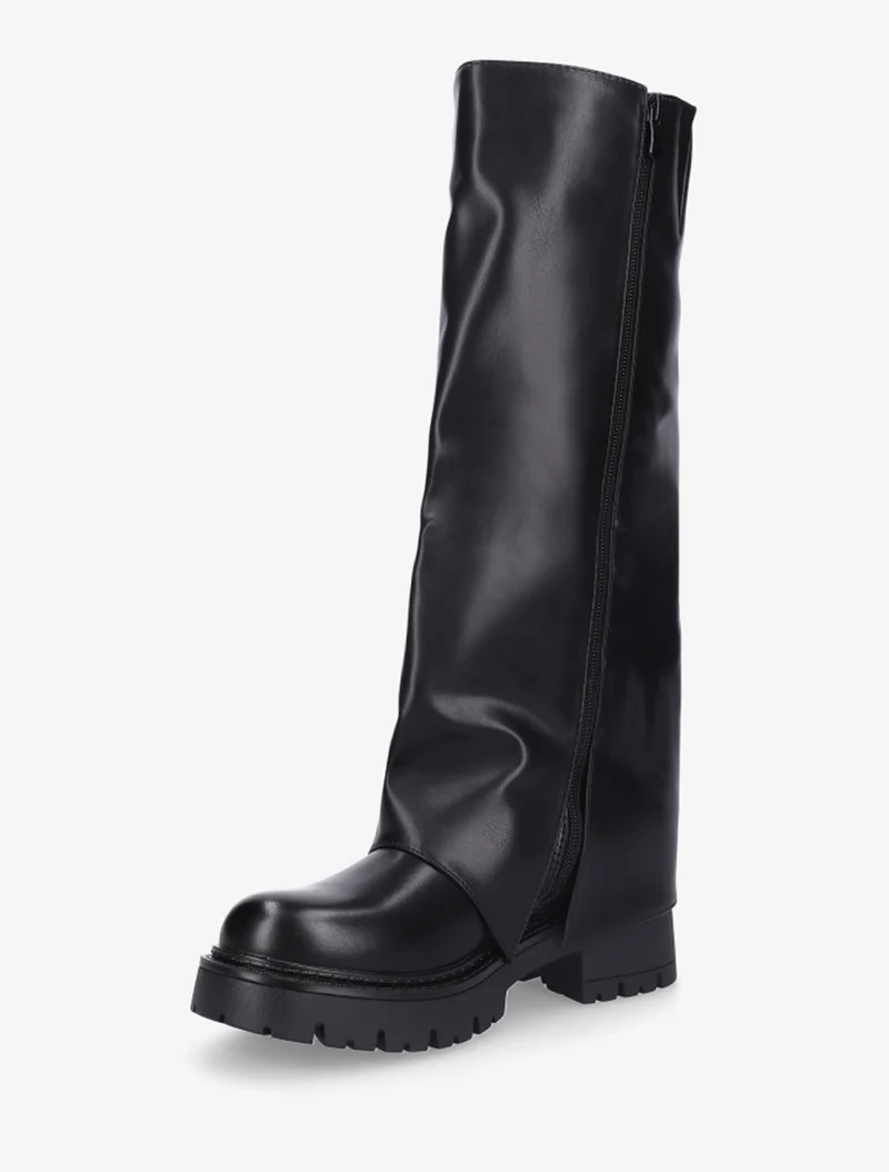 Bottes à revers et bout rond en simili - Noir