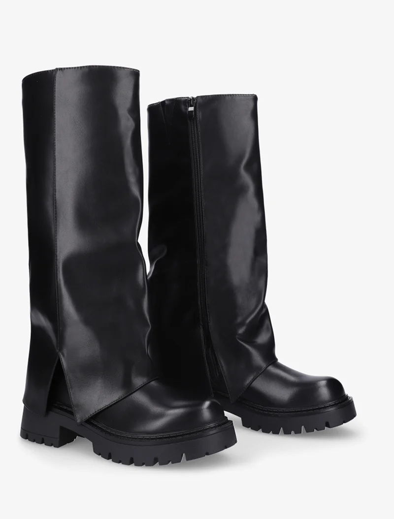 Bottes à revers et bout rond en simili - Noir