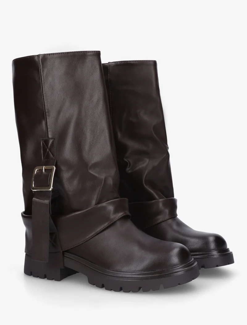 Bottines à revers et sanglées en simili - Marron