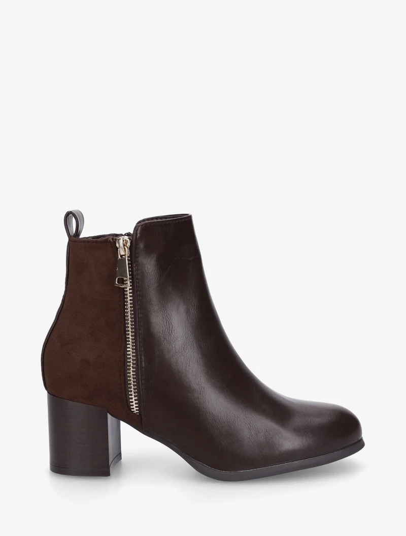 Bottines bimatière à zip décoratif - Marron