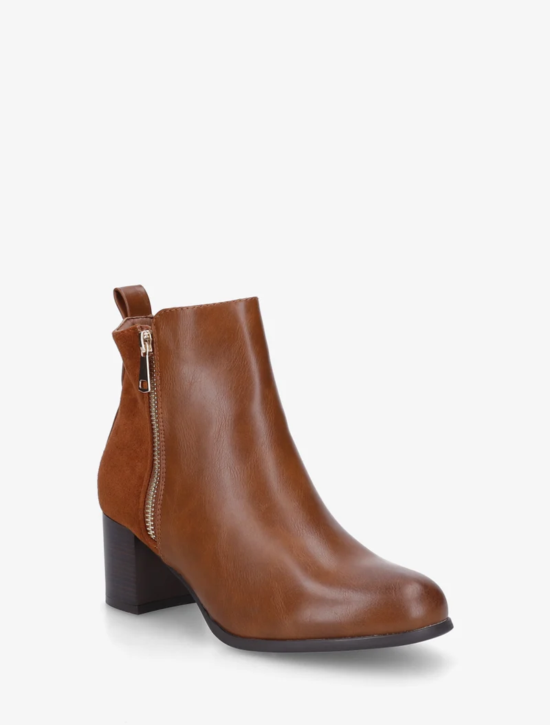 Bottines bimatière à zip décoratif - Camel