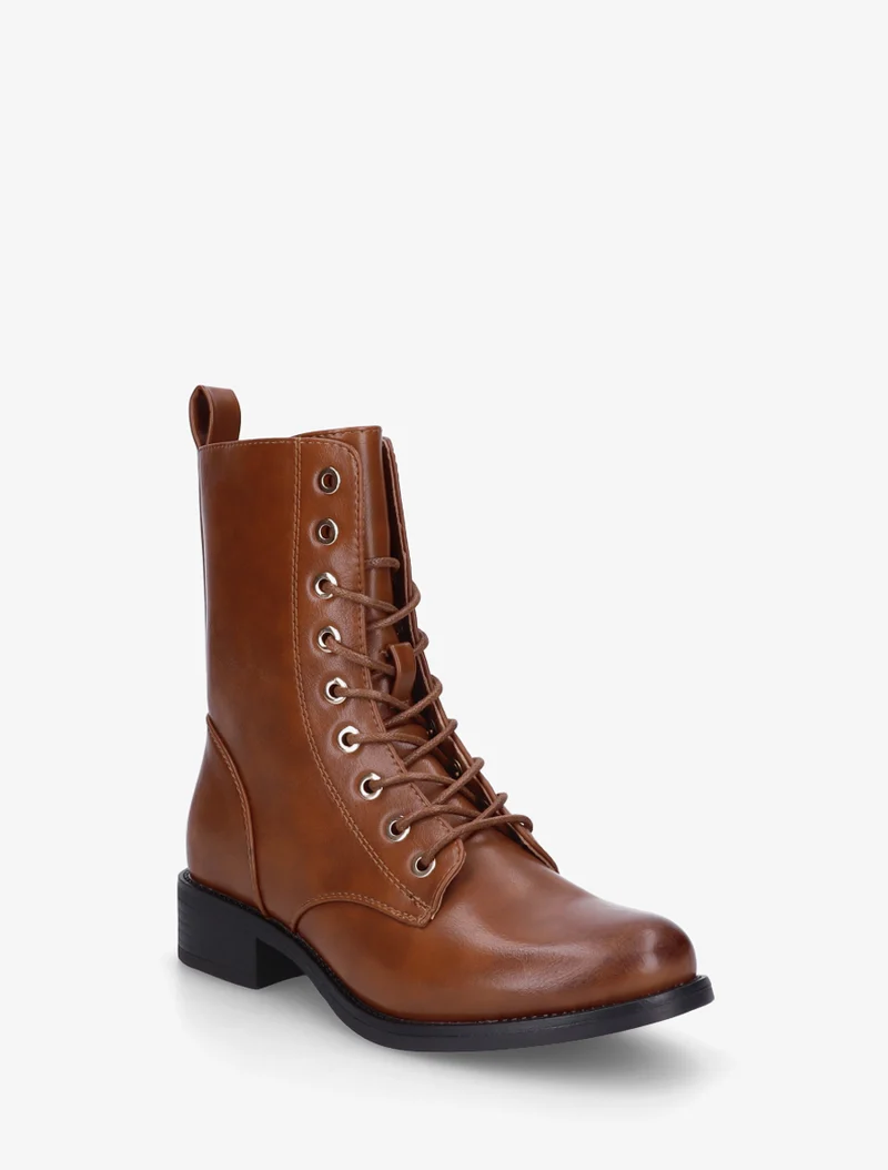Bottines montantes à lacets en simili - Camel