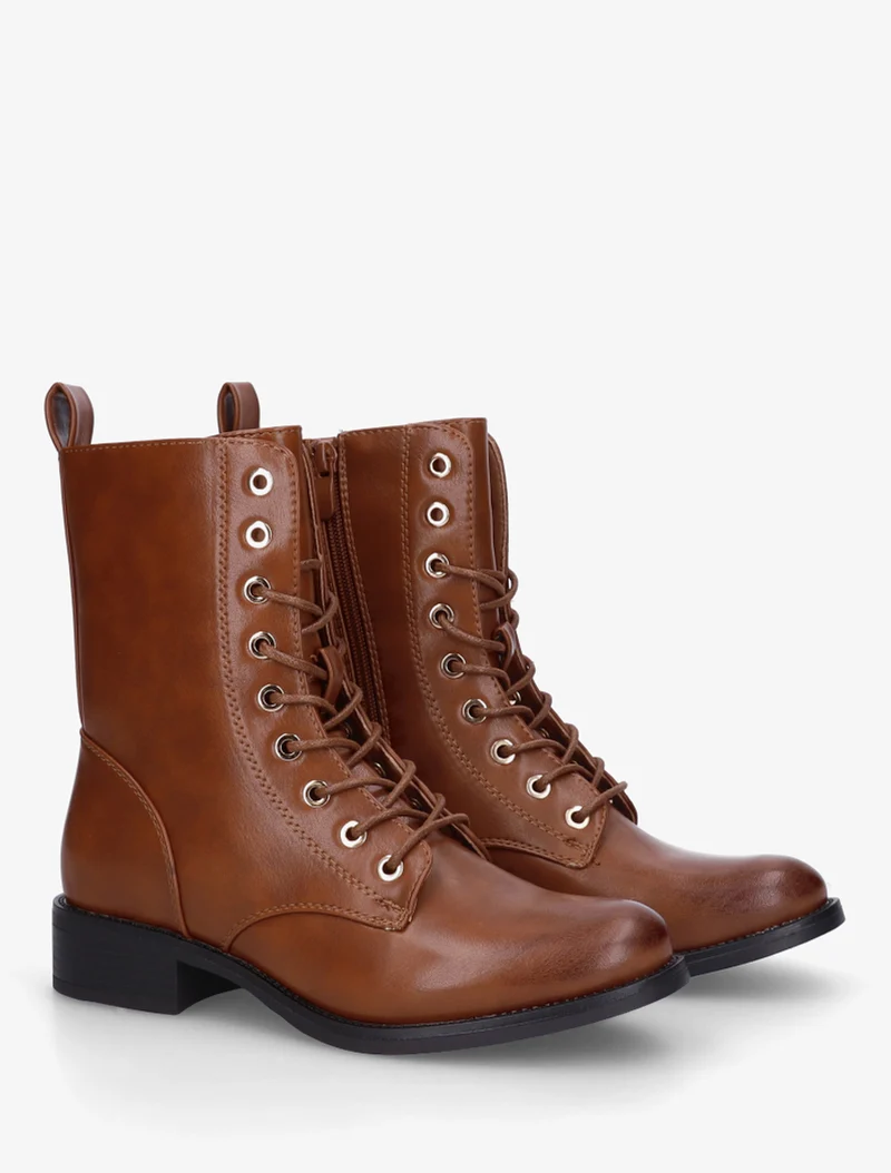 Bottines montantes à lacets en simili - Camel