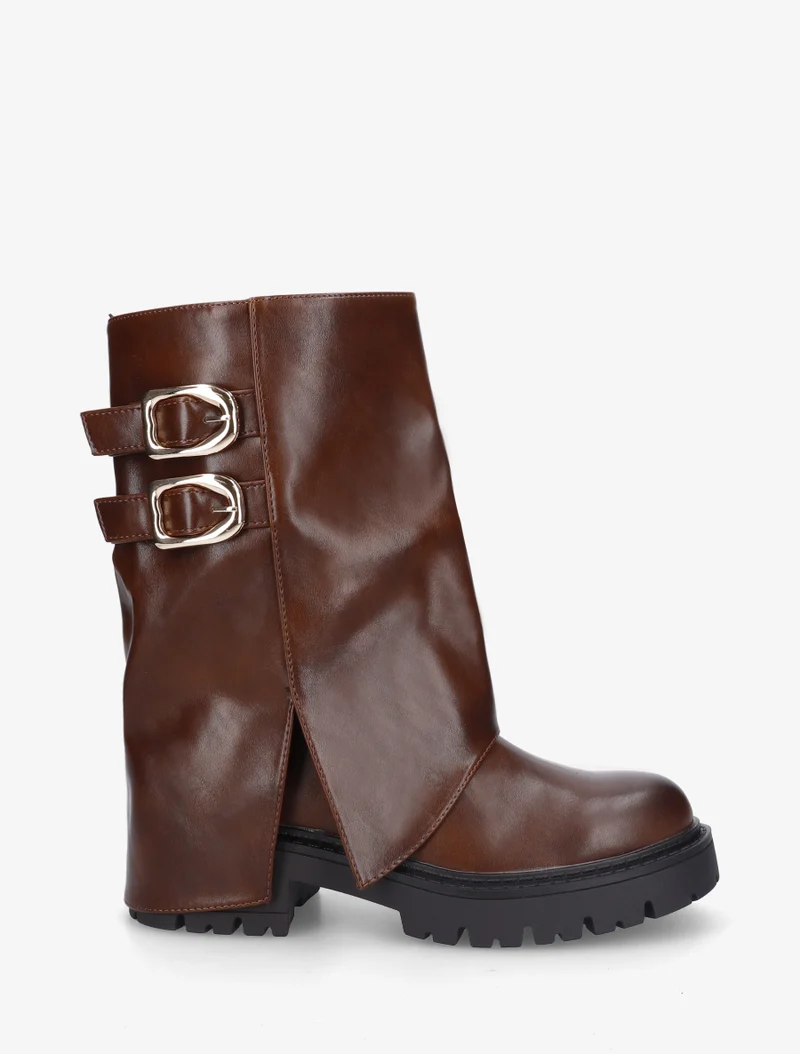 Bottines à revers et double sangles en simili - Marron