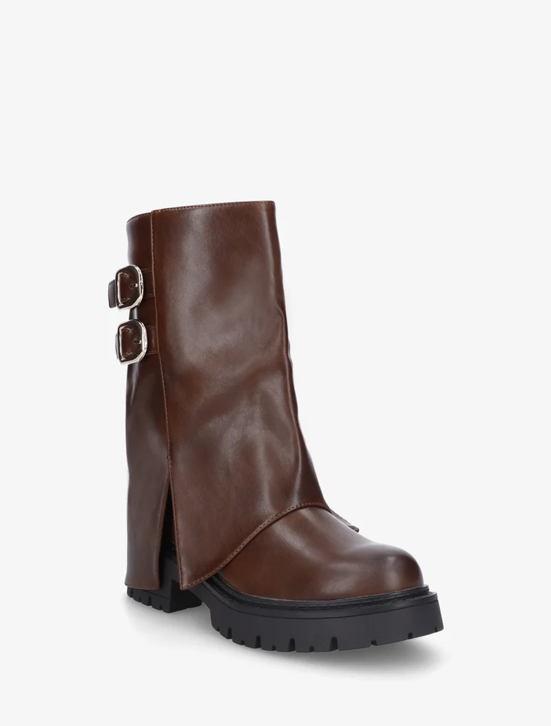 Bottines à revers et double sangles en simili - Marron
