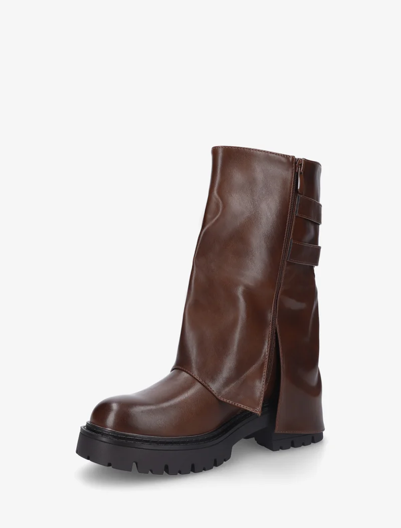 Bottines à revers et double sangles en simili - Marron