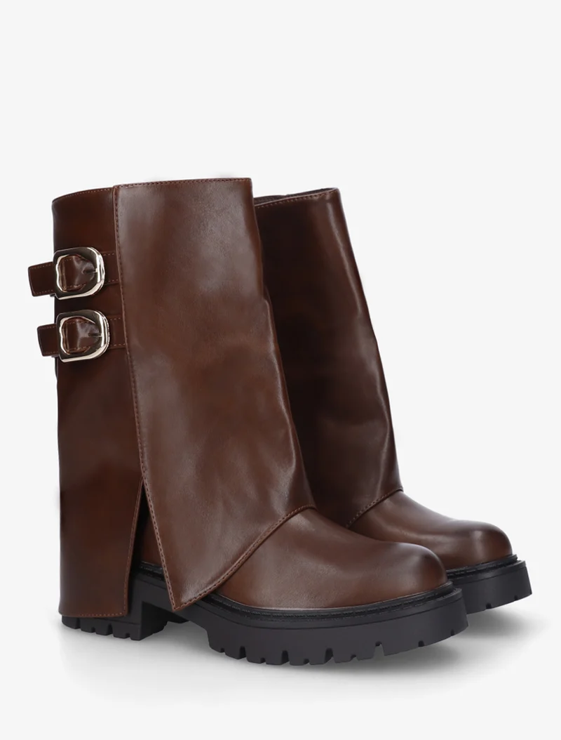 Bottines à revers et double sangles en simili - Marron