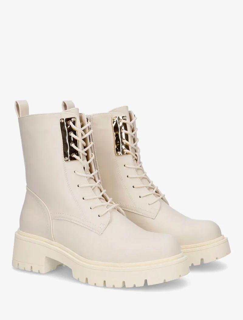 Bottines montantes à lacets et emiècement métal - Beige