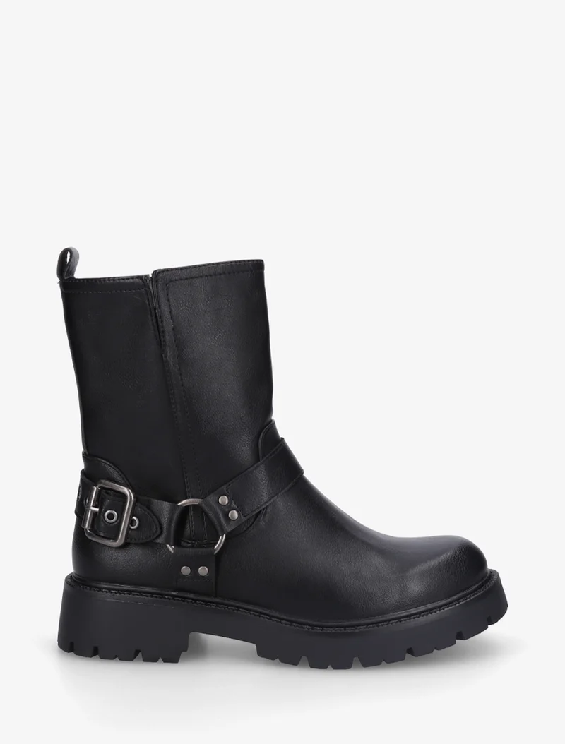 Bottines en simili à bout rond et sangle - Noir