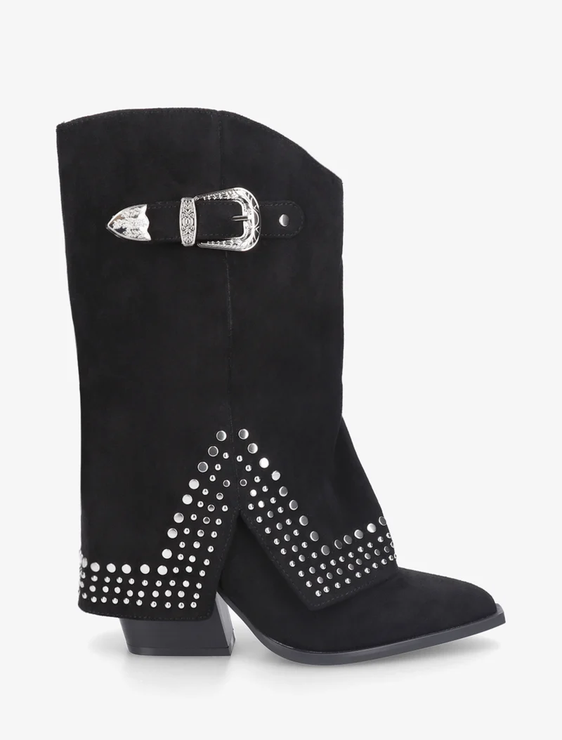 Bottines à revers cloutées en suédine - Noir