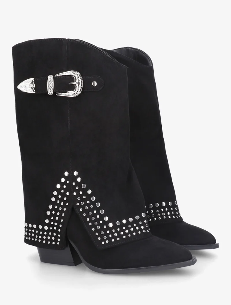 Bottines à revers cloutées en suédine - Noir