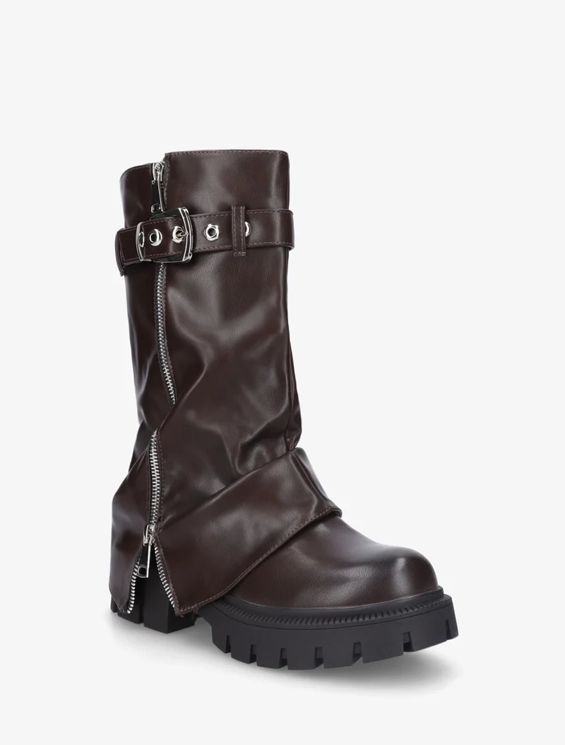 Bottines à revers et zip décoratif en simili - Marron