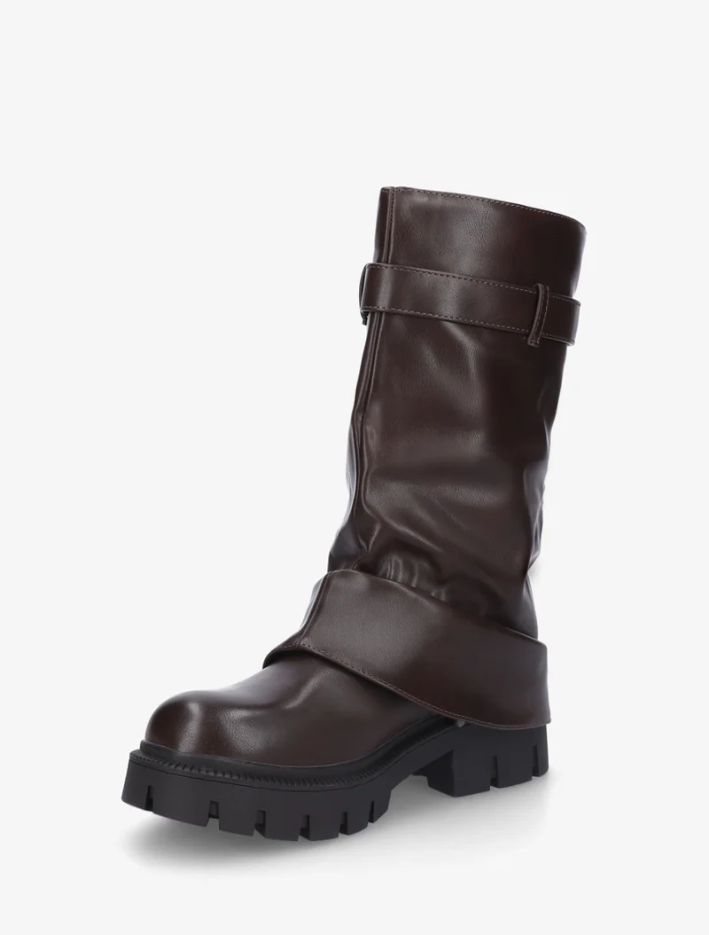 Bottines à revers et zip décoratif en simili - Marron