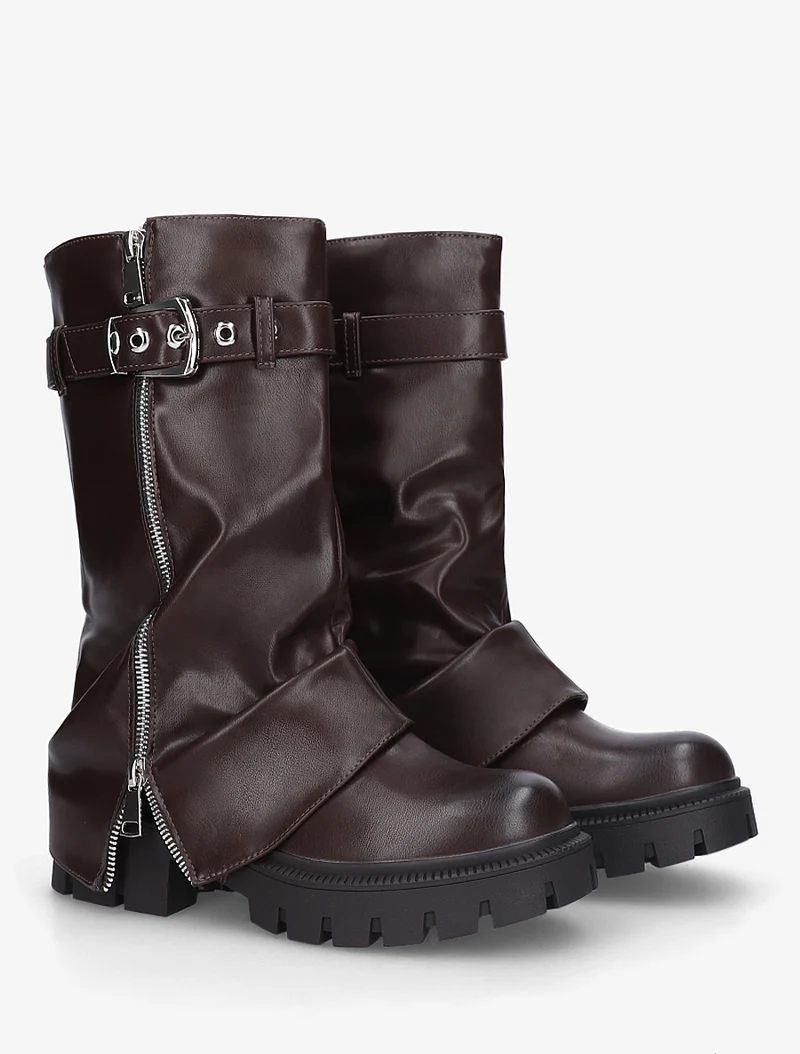 Bottines à revers et zip décoratif en simili - Marron