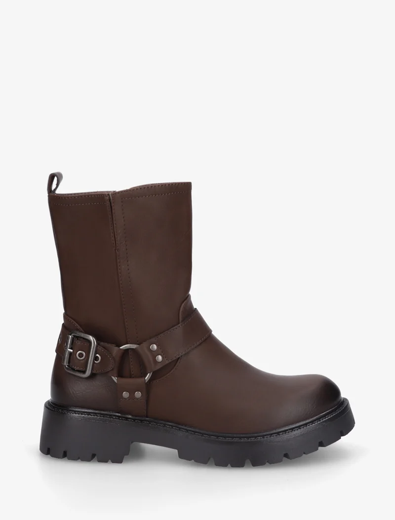 Bottines en simili à bout rond et sangle - Marron