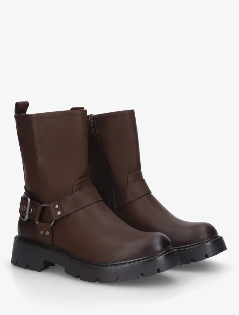 Bottines en simili à bout rond et sangle - Marron
