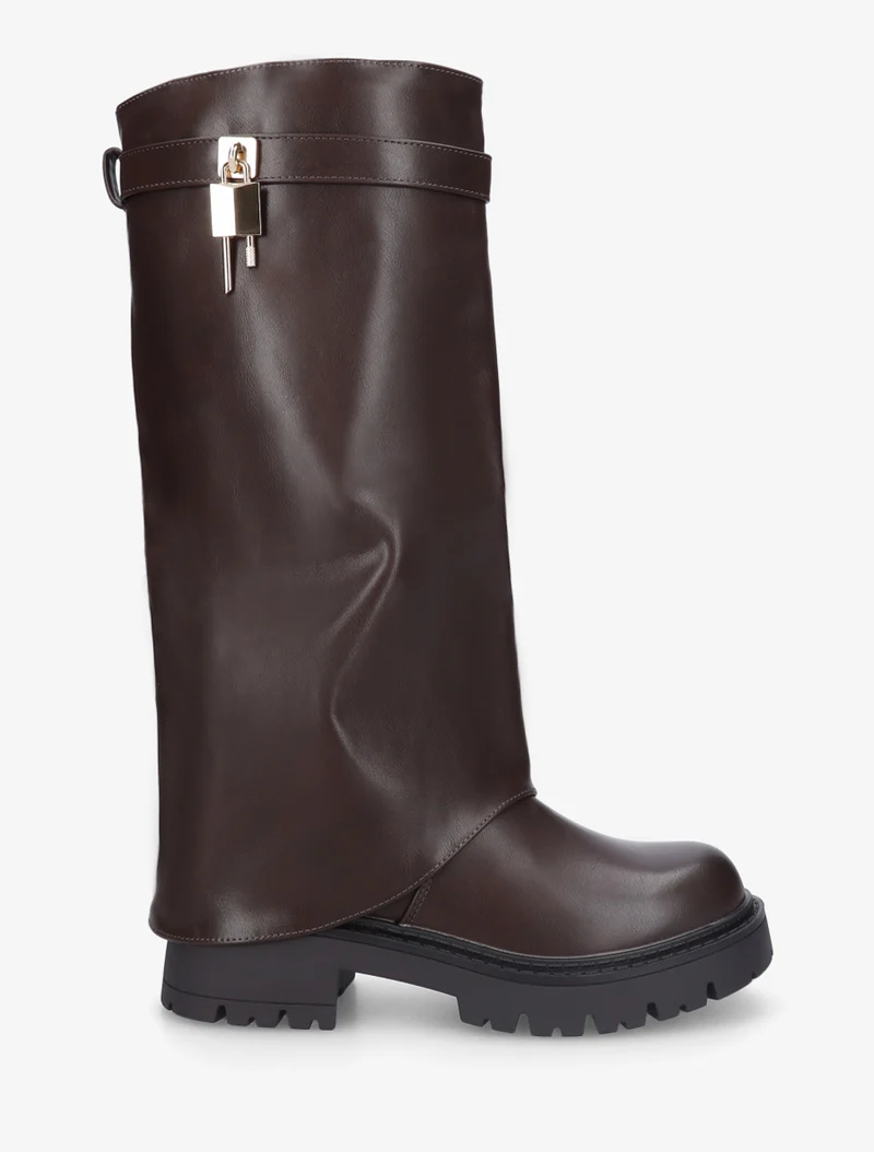 Bottes à revers et empiècement cadenas - Marron