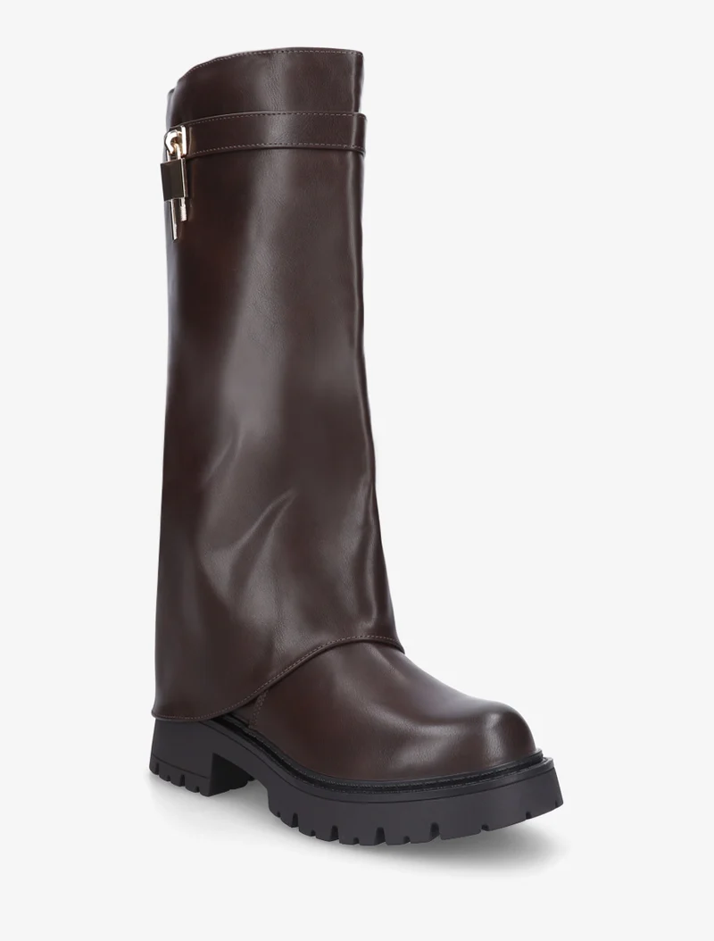 Bottes à revers et empiècement cadenas - Marron