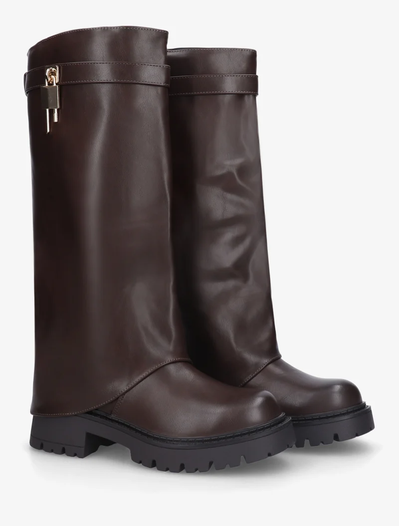 Bottes à revers et empiècement cadenas - Marron