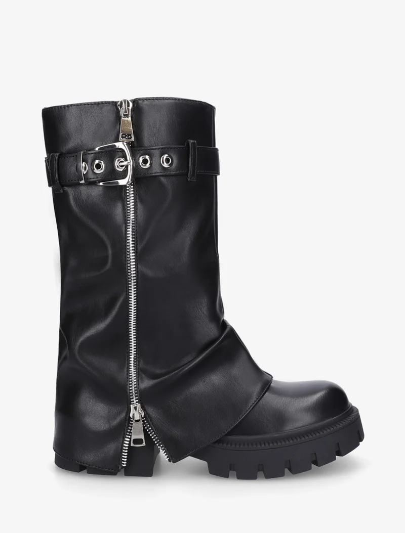 Bottines à revers et zip décoratif en simili - Noir