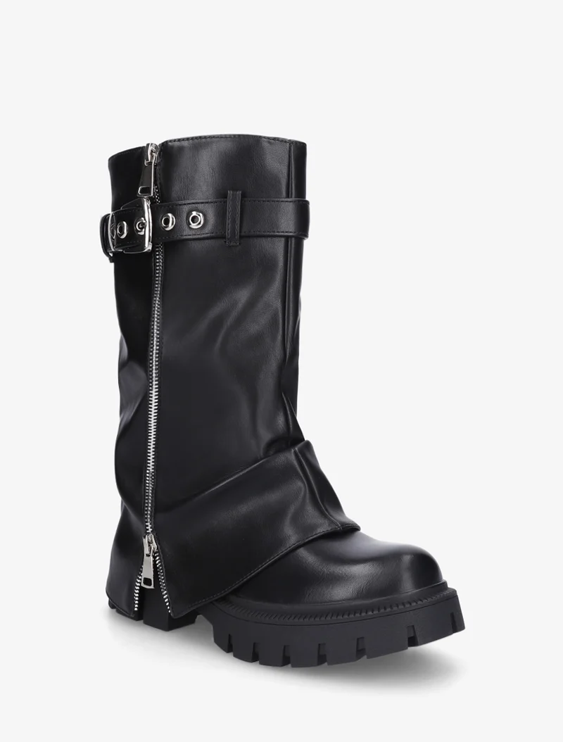Bottines à revers et zip décoratif en simili - Noir